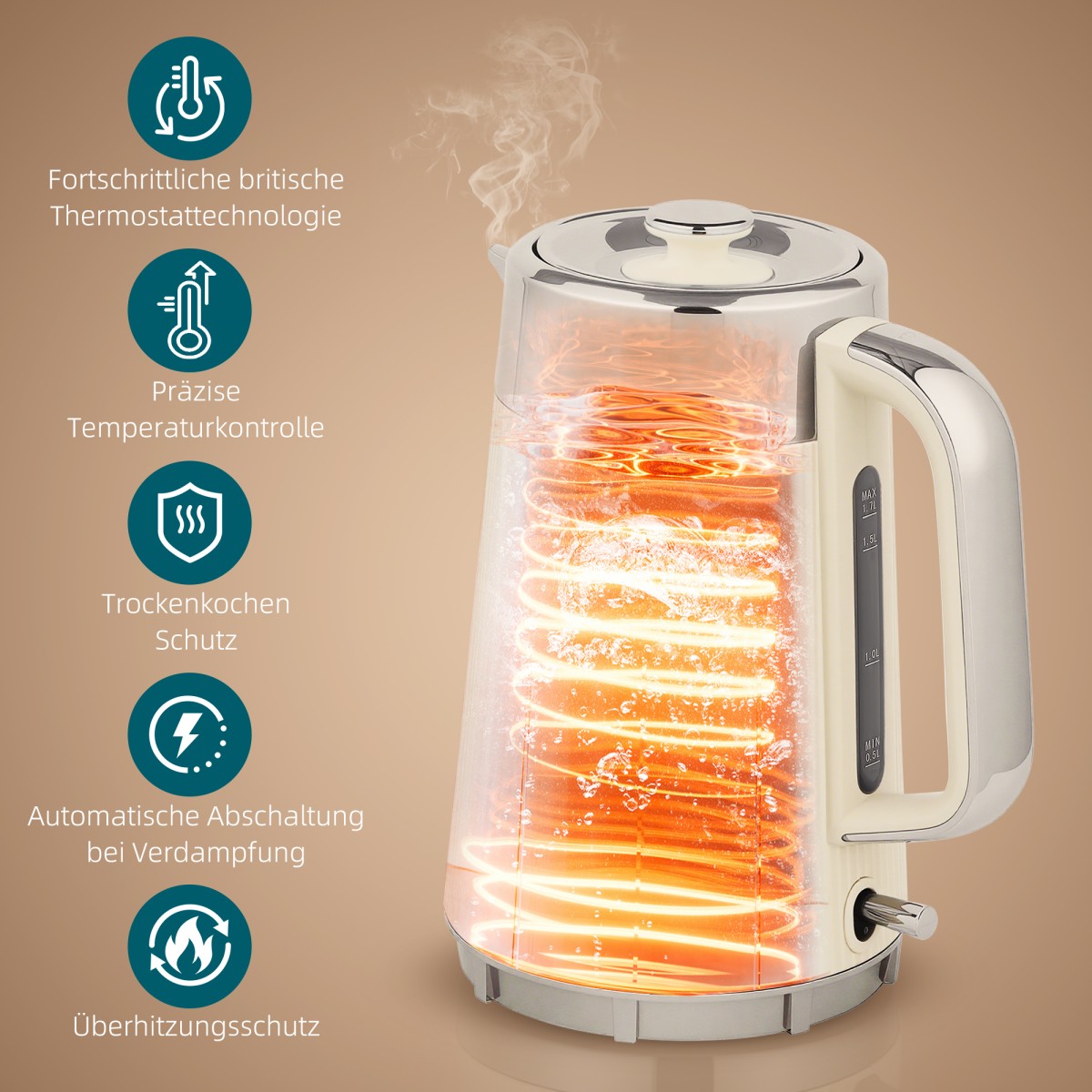 Βραστήρας 2200W, 1,7L με λειτουργία γρήγορου βρασμού, φίλτρο αφαλάτωσης και τοστιέρα 4 τμημάτων με 7 επίπεδα μαυρίσματος, κρέμα