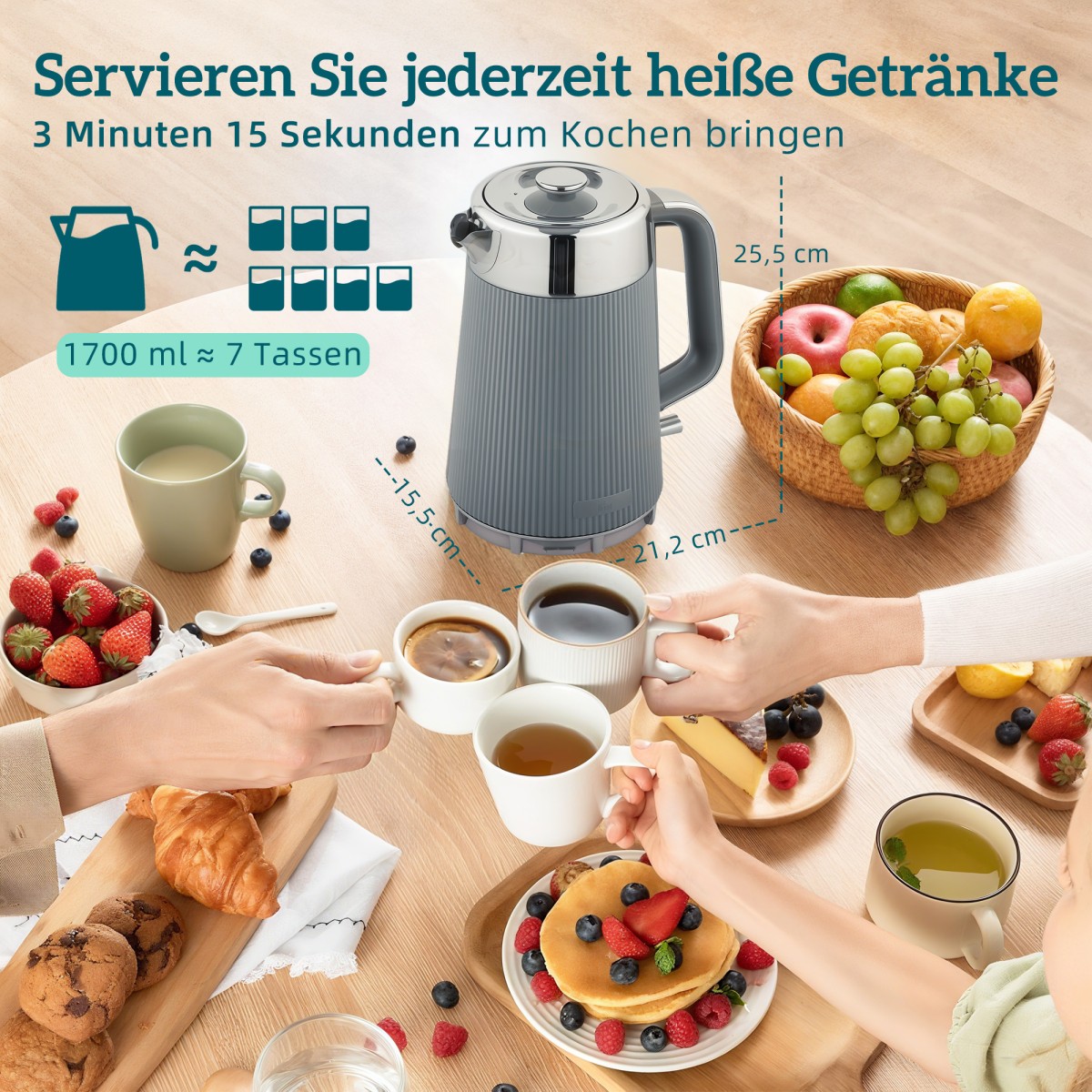 Βραστήρας 2200W, 1,7L με λειτουργία γρήγορου βρασμού, φίλτρο αφαλάτωσης και τοστιέρα 4 τμημάτων με 7 επίπεδα ροδίσματος, γκρι