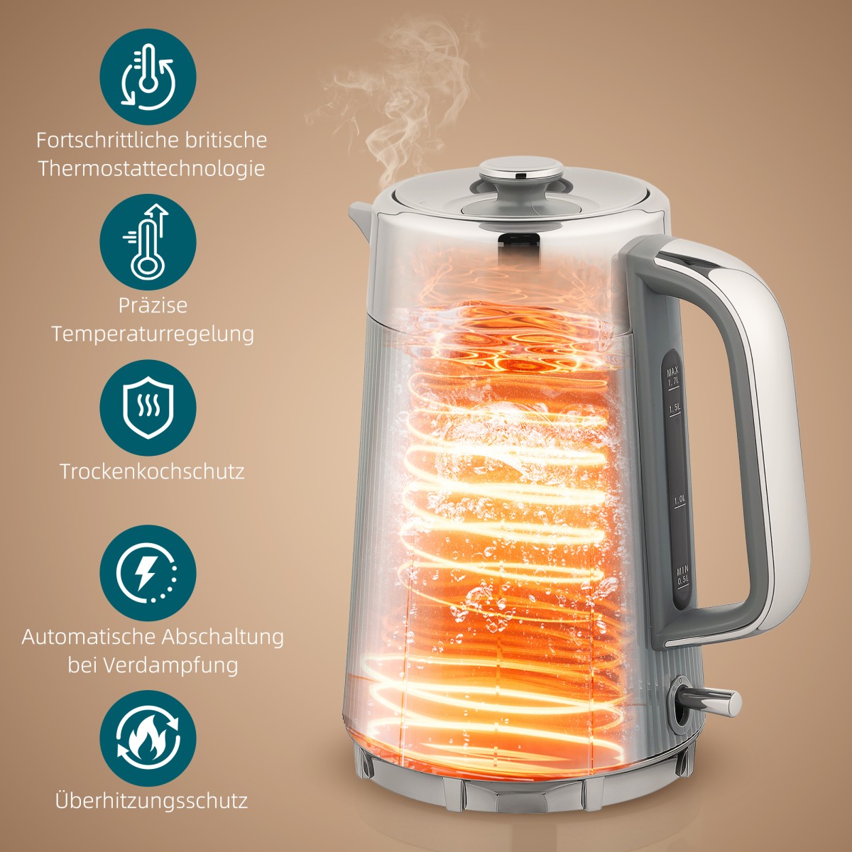 Βραστήρας 2200W, 1,7L με λειτουργία γρήγορου βρασμού, φίλτρο αφαλάτωσης και τοστιέρα 4 τμημάτων με 7 επίπεδα ροδίσματος, γκρι