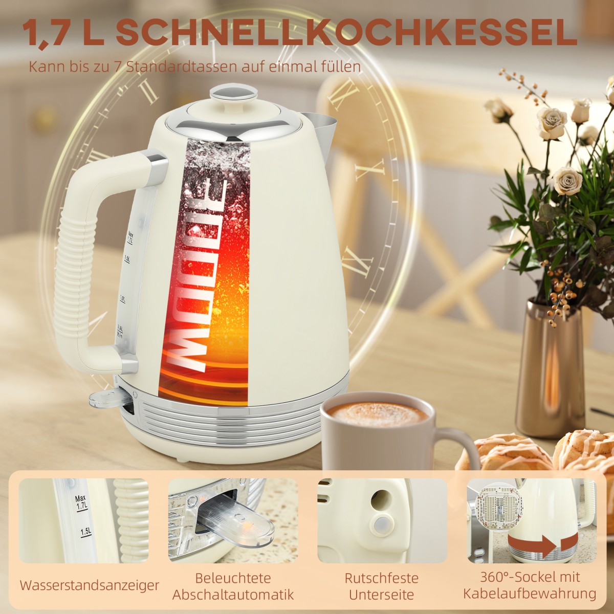 Σετ βραστήρα και τοστιέρα, 1,7L, 2200W, Θερμοστάτης Strix, φίλτρο, τοστιέρα 4 θέσεων, 7 επίπεδα μαυρίσματος, θήκη για ψίχουλα