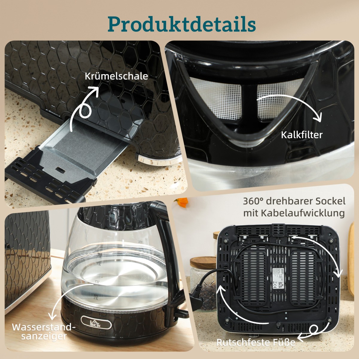 Βραστήρας 1,7L 2200W Quick Boil και Σετ τοστιέρα 4 Φετών με φίλτρο αλάτων, μαύρο