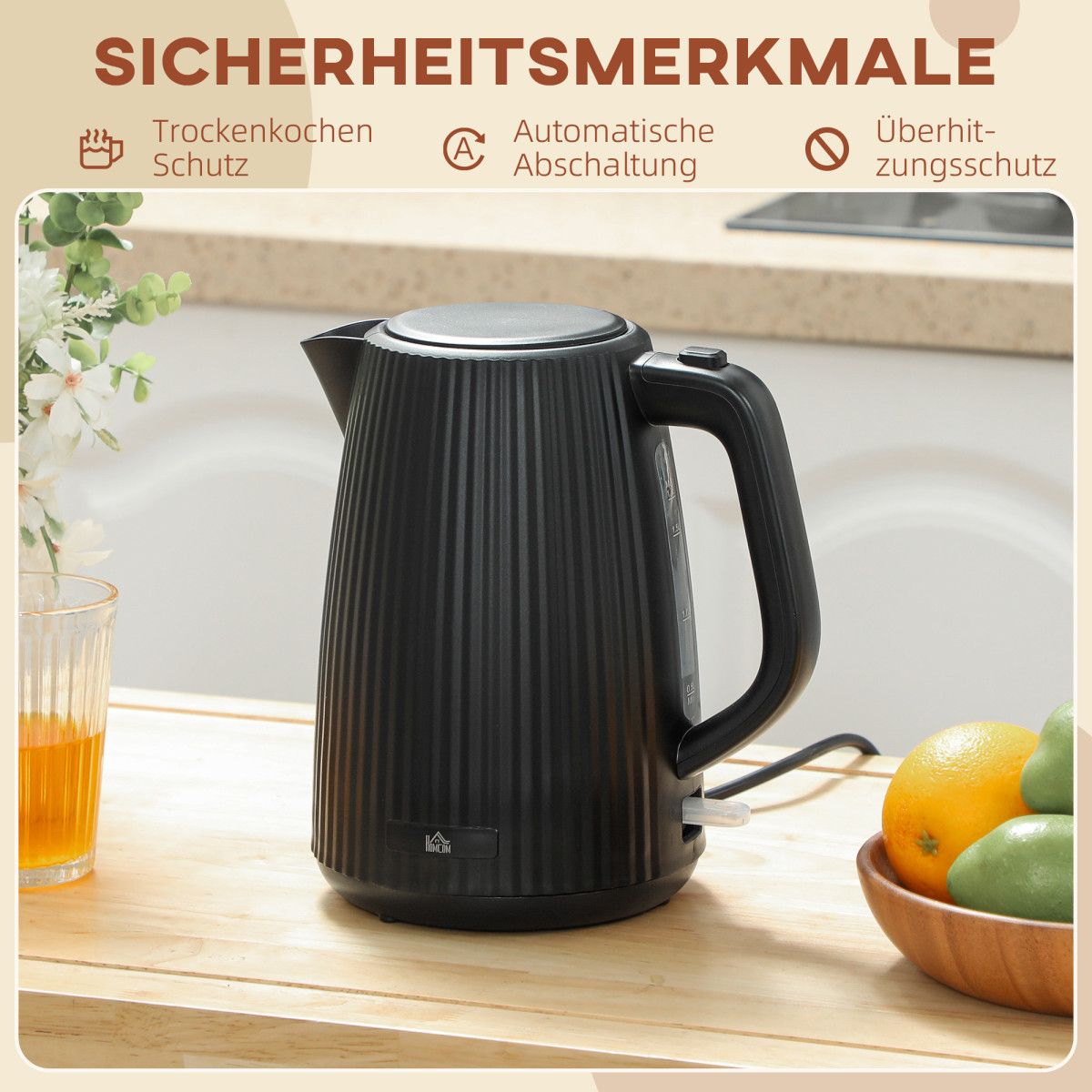Ηλεκτρικός βραστήρας, 1,7L, λειτουργία ταχείας βρασμού, 2200W, με αφαιρούμενο φίλτρο αλάτων, αυτόματη απενεργοποίηση, μαύρο