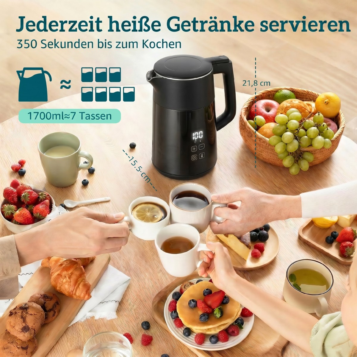 Ηλεκτρικός βραστήρας, 1,7L, γρήγορος βρασμός, 2200W, με οθόνη LED, λειτουργία διατήρησης θερμότητας, προστασία από ξηρό βρασμό, χωρίς PTFE