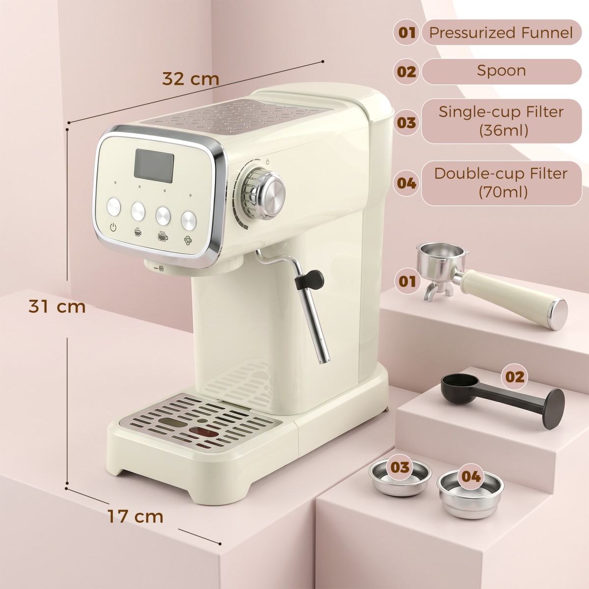 Μηχανή Portafilter Μηχανή espresso 20 bar με αφρόγαλα και αφαιρούμενο δοχείο νερού 1,2L για εσπρέσο