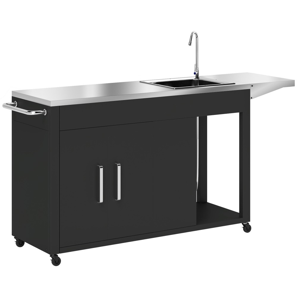 Τρόλεϊ μπάρμπεκιου με επιφάνεια εργασίας, πλευρικό φύλλο, ντουλάπι, νεροχύτη, ροδάκια, ανοξείδωτο ατσάλι 162,5x47x87cm Μαύρο
