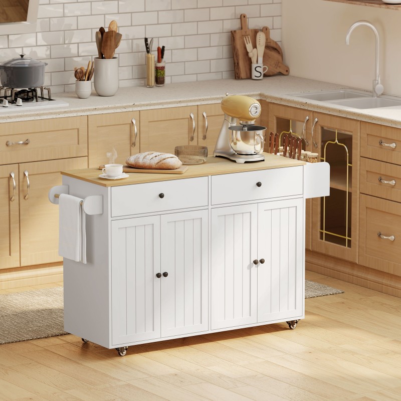 Rolling Kitchen Island 2 συρτάρια 2 ντουλάπια Στήριγμα μπαχαρικών Στήριγμα για πετσέτες ράφι μαχαιριών MDF Λευκό