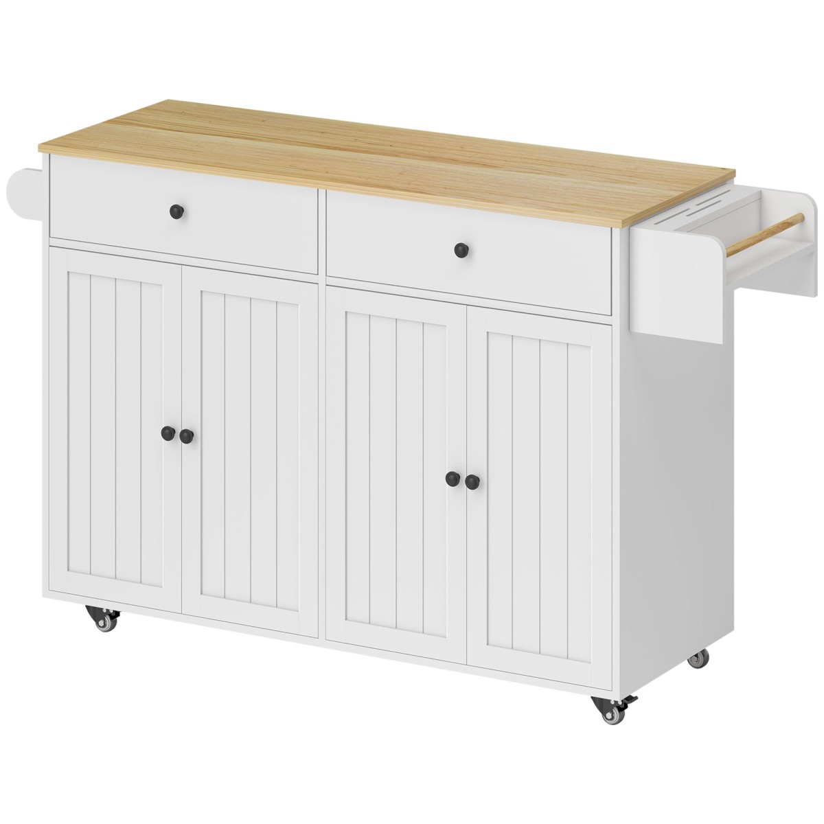 Rolling Kitchen Island 2 συρτάρια 2 ντουλάπια Στήριγμα μπαχαρικών Στήριγμα για πετσέτες ράφι μαχαιριών MDF Λευκό