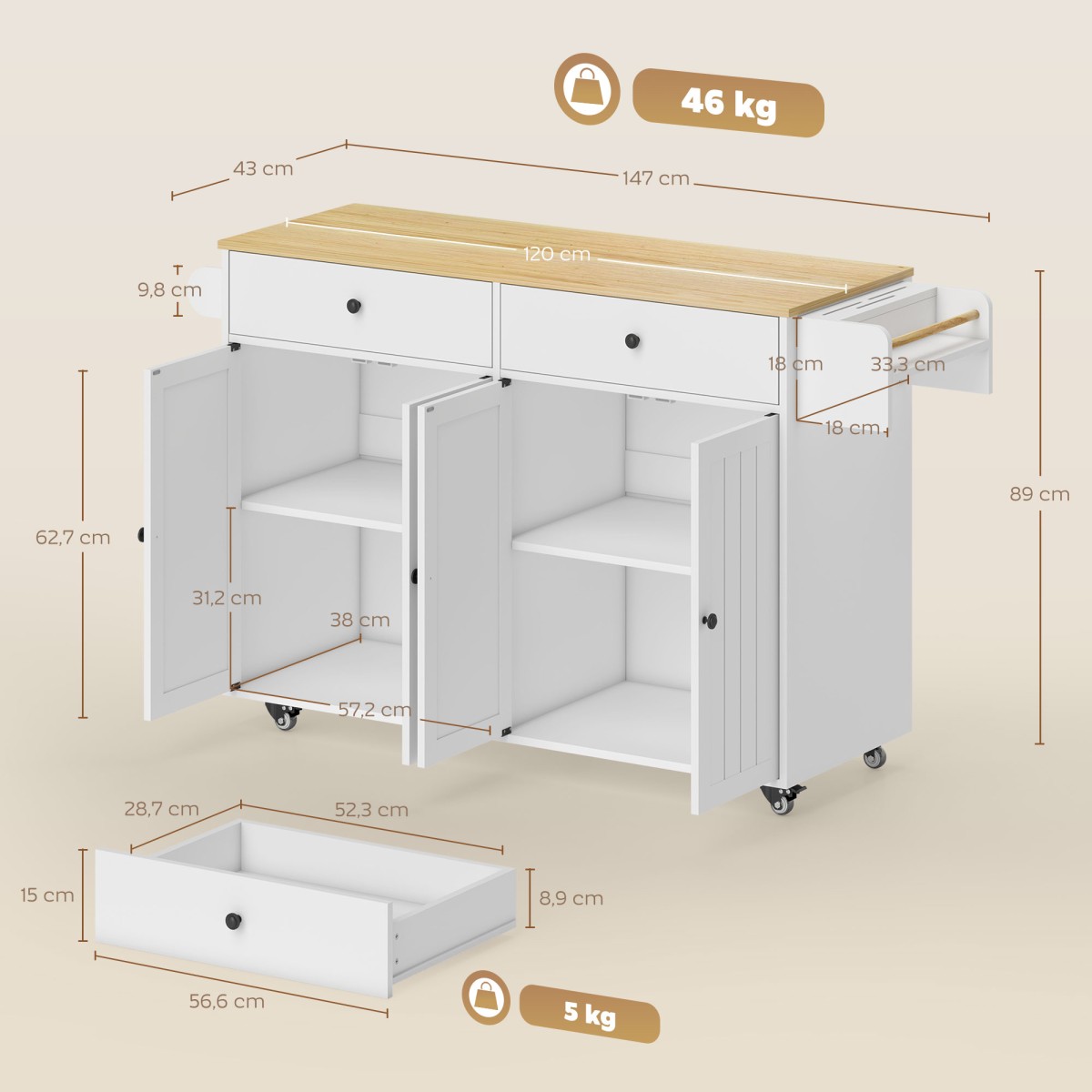 Rolling Kitchen Island 2 συρτάρια 2 ντουλάπια Στήριγμα μπαχαρικών Στήριγμα για πετσέτες ράφι μαχαιριών MDF Λευκό