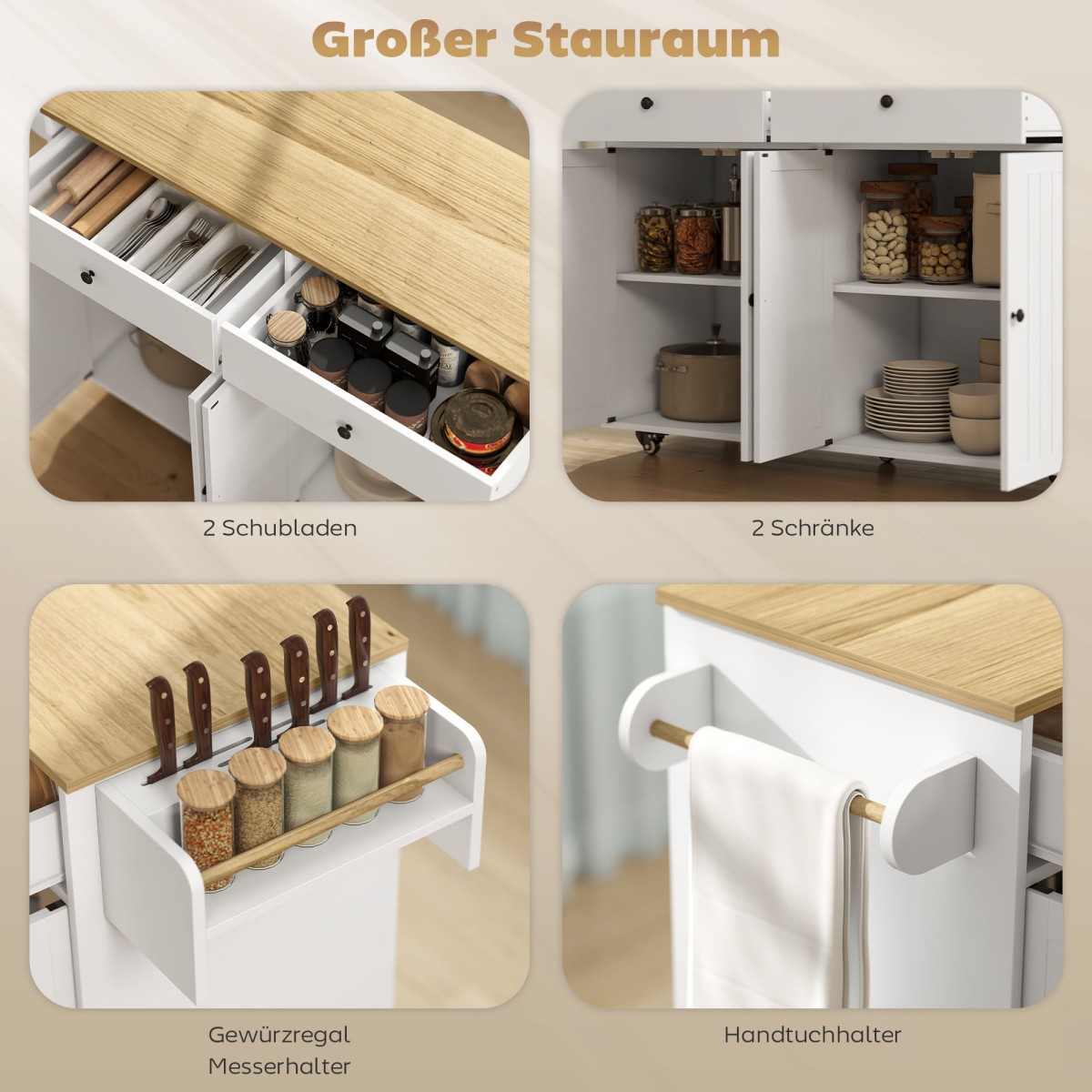 Rolling Kitchen Island 2 συρτάρια 2 ντουλάπια Στήριγμα μπαχαρικών Στήριγμα για πετσέτες ράφι μαχαιριών MDF Λευκό