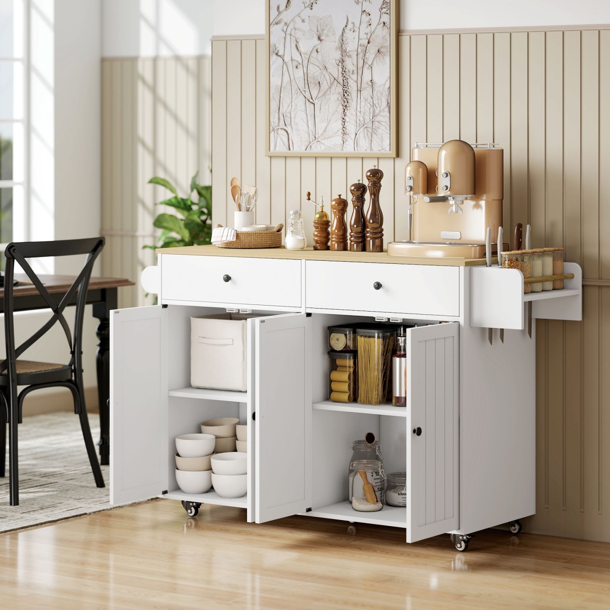 Rolling Kitchen Island 2 συρτάρια 2 ντουλάπια Στήριγμα μπαχαρικών Στήριγμα για πετσέτες ράφι μαχαιριών MDF Λευκό
