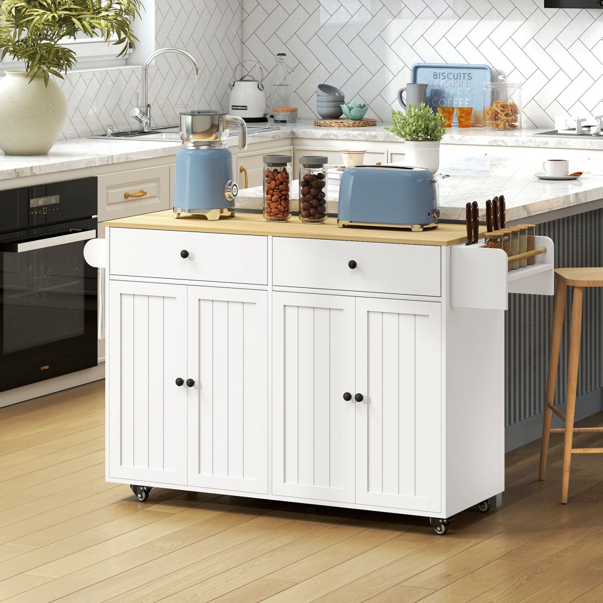 Rolling Kitchen Island 2 συρτάρια 2 ντουλάπια Στήριγμα μπαχαρικών Στήριγμα για πετσέτες ράφι μαχαιριών MDF Λευκό