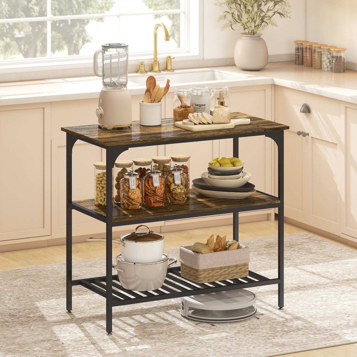 Baker's Rack, ράφι κουζίνας 3 επιπέδων με ατσάλινο πλαίσιο, ρουστίκ καφέ + μαύρο