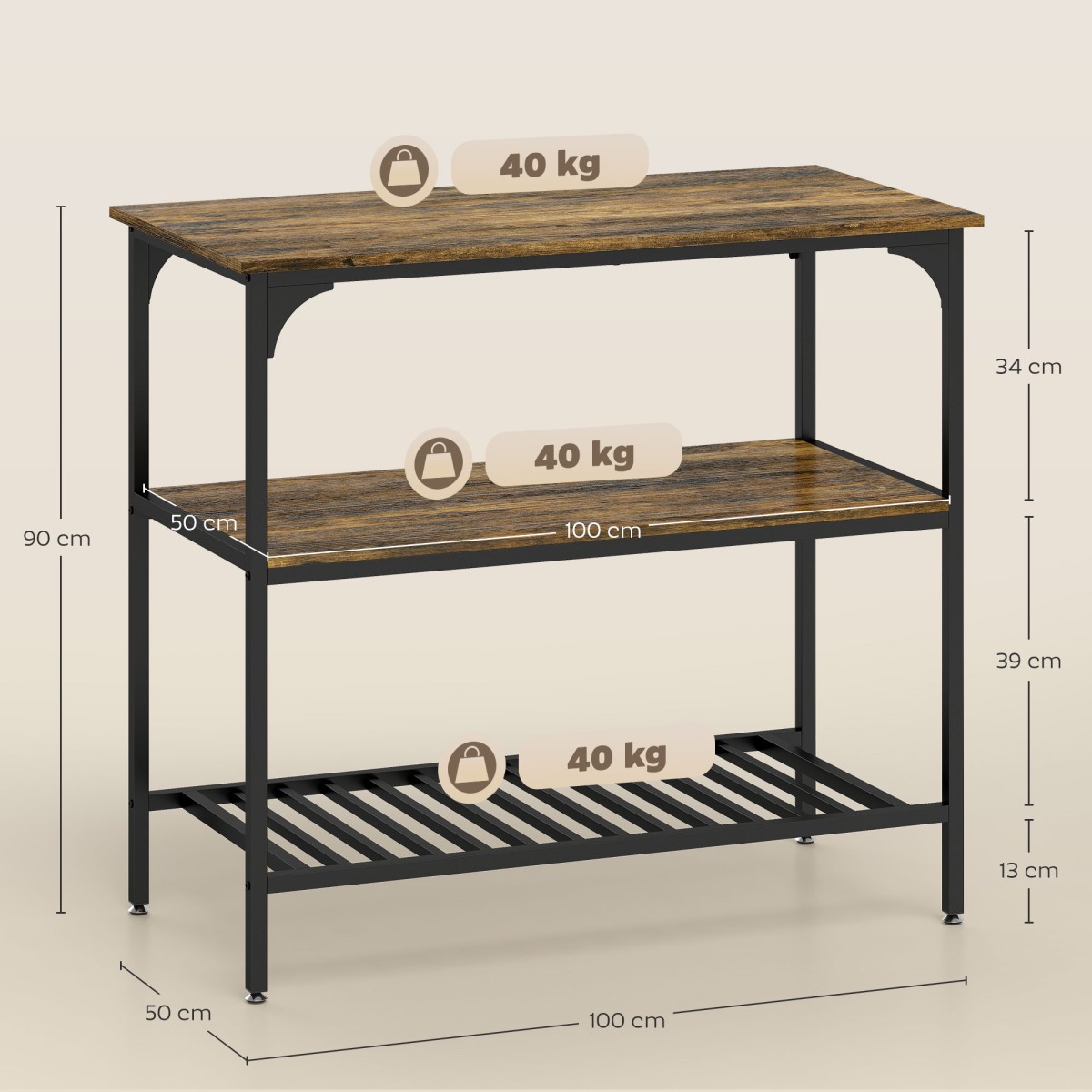 Baker's Rack, ράφι κουζίνας 3 επιπέδων με ατσάλινο πλαίσιο, ρουστίκ καφέ + μαύρο