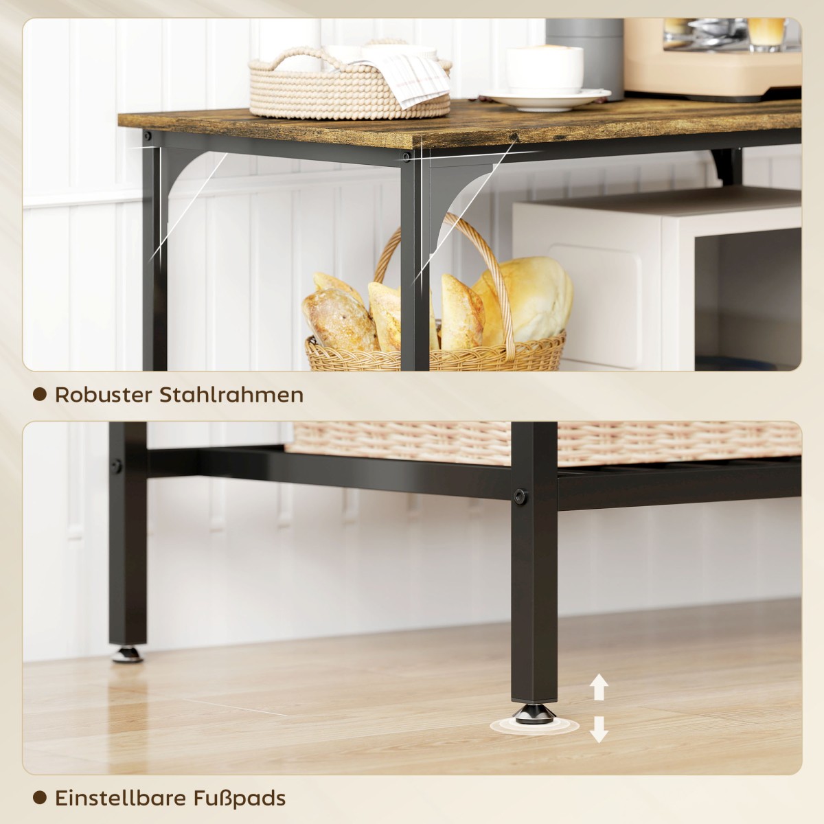 Baker's Rack, ράφι κουζίνας 3 επιπέδων με ατσάλινο πλαίσιο, ρουστίκ καφέ + μαύρο