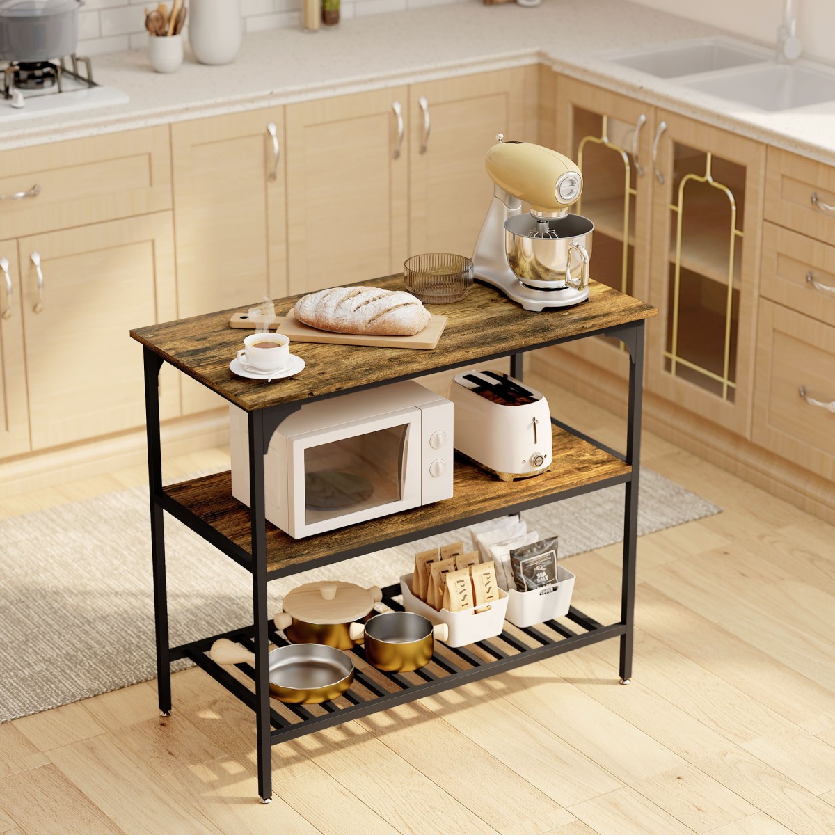 Baker's Rack, ράφι κουζίνας 3 επιπέδων με ατσάλινο πλαίσιο, ρουστίκ καφέ + μαύρο