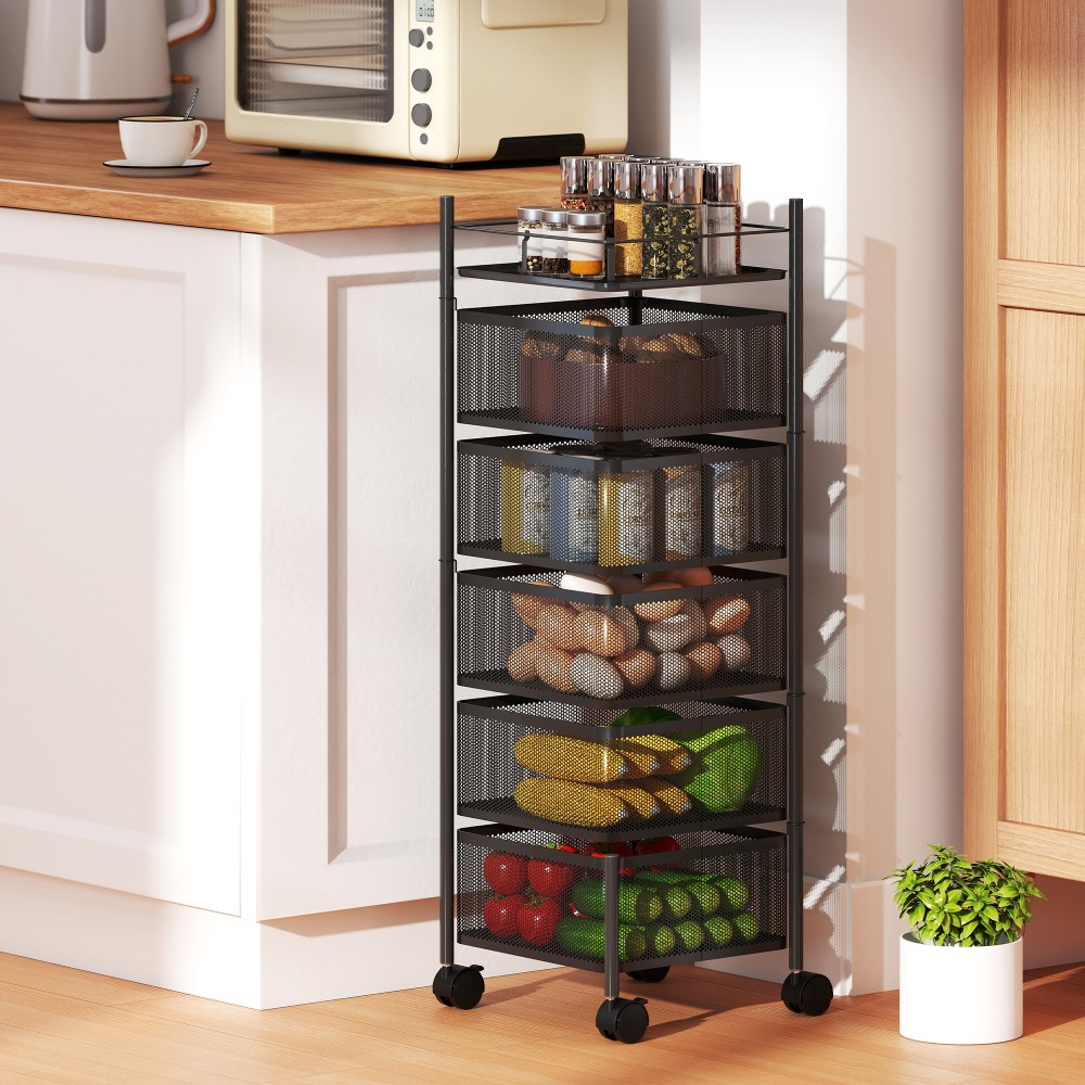 Καρότσι κουζίνας, 5 περιστρεφόμενα καλάθια, 4 ροδάκια, μεταλλικό πλαίσιο, μαύρο