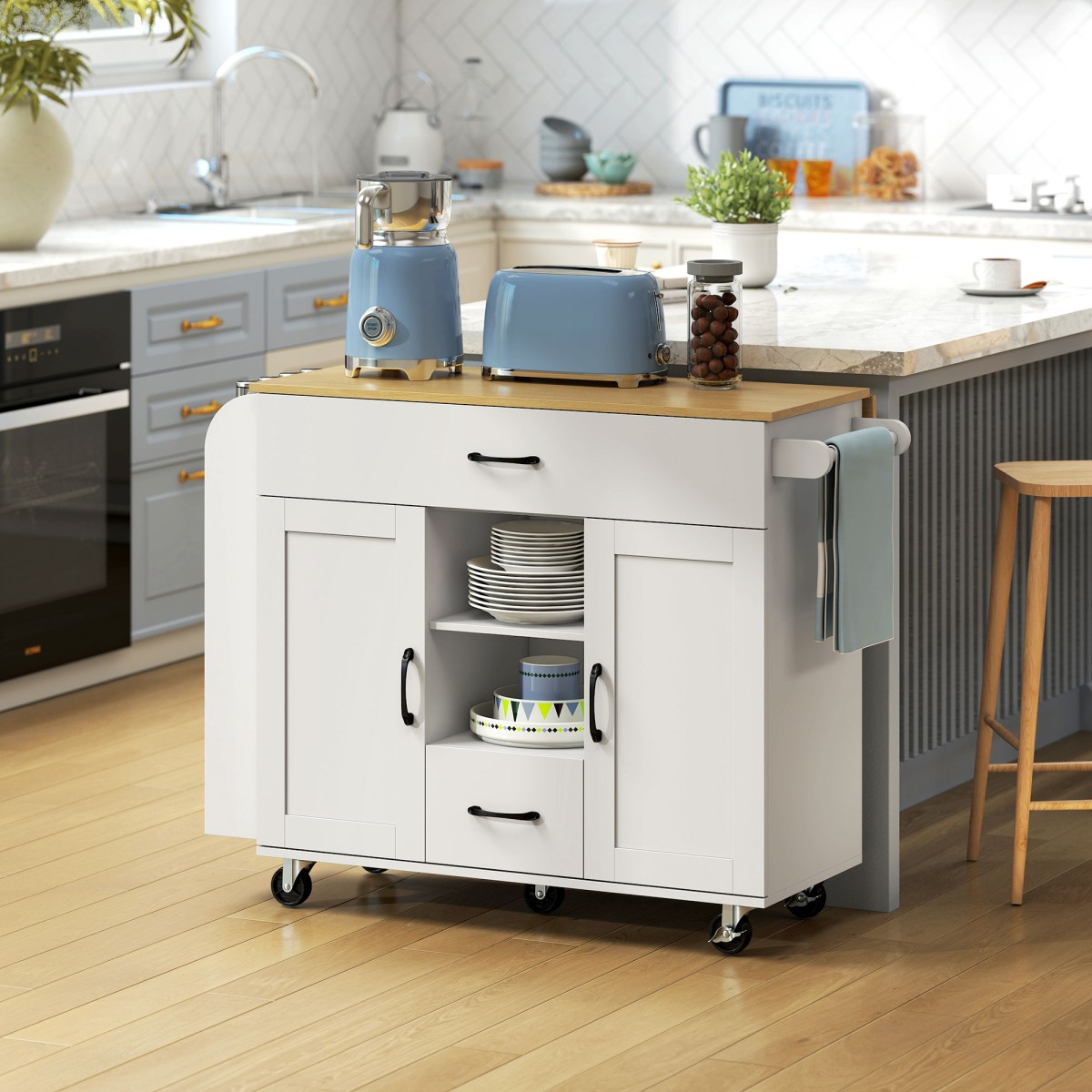 Κυλιόμενη νησίδα κουζίνας, πτυσσόμενη επιφάνεια εργασίας, πόρτες ντουλαπιού με απαλό κλείσιμο, συρτάρια, κρεμάστρα για πετσέτες, MDF, λευκό