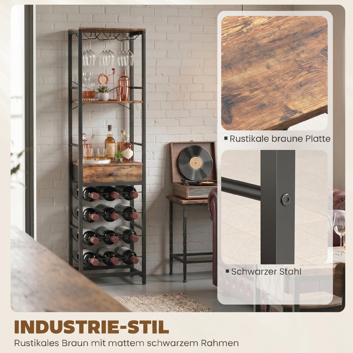 Ντουλάπι Wine Bar με Συρτάρι, Ντουλάπα Industrial Bar, Ράφι κρασιού για 12 μπουκάλια, ποτηροθήκη, Ρουστίκ καφέ