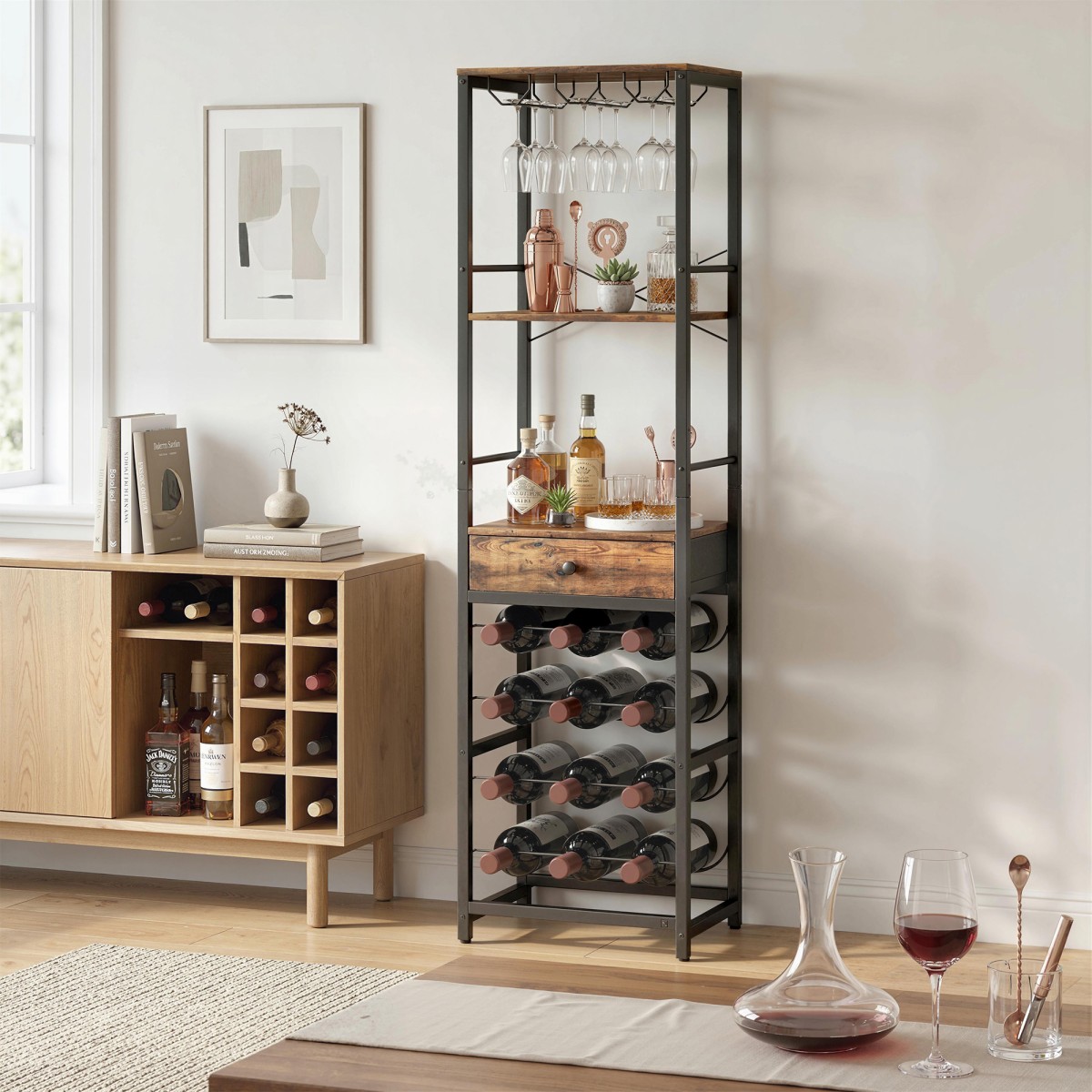 Ντουλάπι Wine Bar με Συρτάρι, Ντουλάπα Industrial Bar, Ράφι κρασιού για 12 μπουκάλια, ποτηροθήκη, Ρουστίκ καφέ