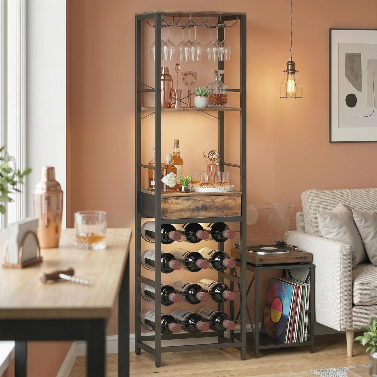 Ντουλάπι Wine Bar με Συρτάρι, Ντουλάπα Industrial Bar, Ράφι κρασιού για 12 μπουκάλια, ποτηροθήκη, Ρουστίκ καφέ
