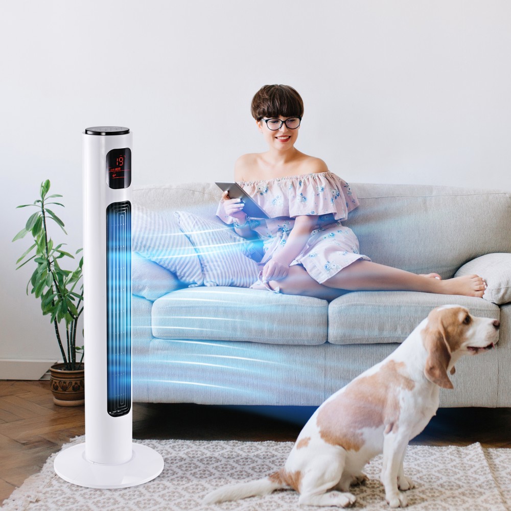 Ανεμιστήρας πύργου με τηλεχειριστήριο 70° ταλαντούμενος 96 cm ανεμιστήρας στήλης ανεμιστήρα βάθρου 45 W με 3 λειτουργίες Χρονοδιακόπτης 3 ταχυτήτων λευκό