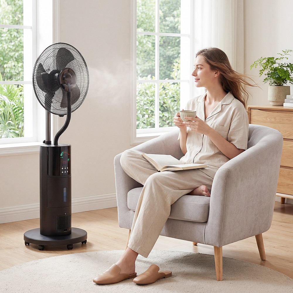 Ανεμιστήρας βάθρου 4 σε 1 με καθαριστή αέρα υδρονέφωσης Απωθητικό κουνουπιών Χρονοδιακόπτης 9 ωρών 3 Λειτουργίες Τηλεχειριστήριο Μαύρο