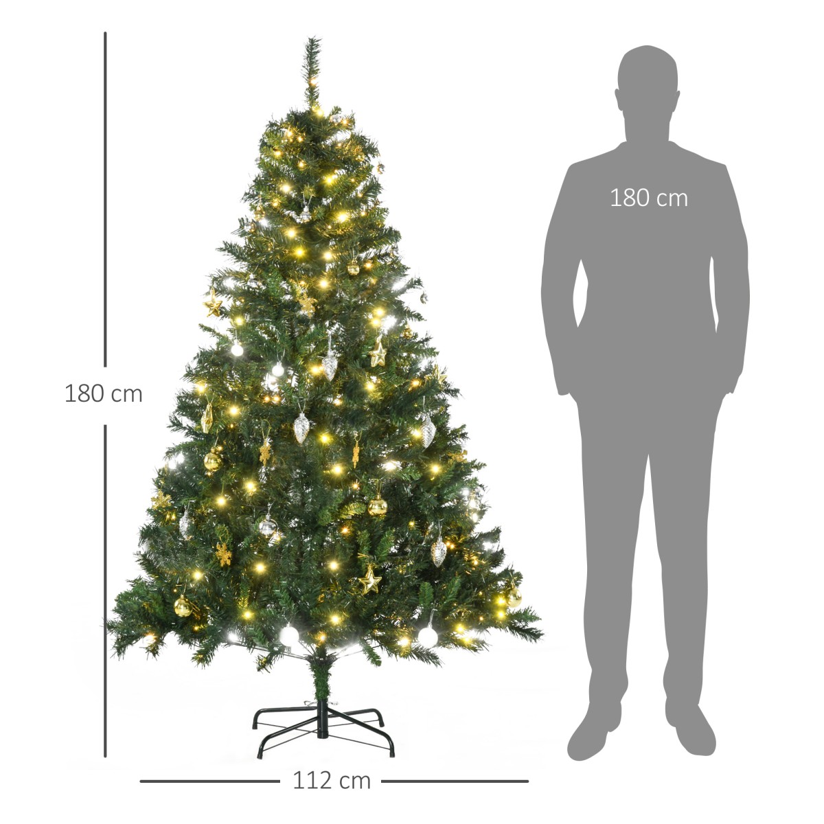 Τεχνητό χριστουγεννιάτικο δέντρο 180 cm τεχνητό χριστουγεννιάτικο δέντρο με φωτισμό LED, μπάλες, χριστουγεννιάτικο δέντρο με 745 μύτες, Χριστουγεννιάτικη διακόσμηση με μεταλλική βάση για εσωτερική χρήση