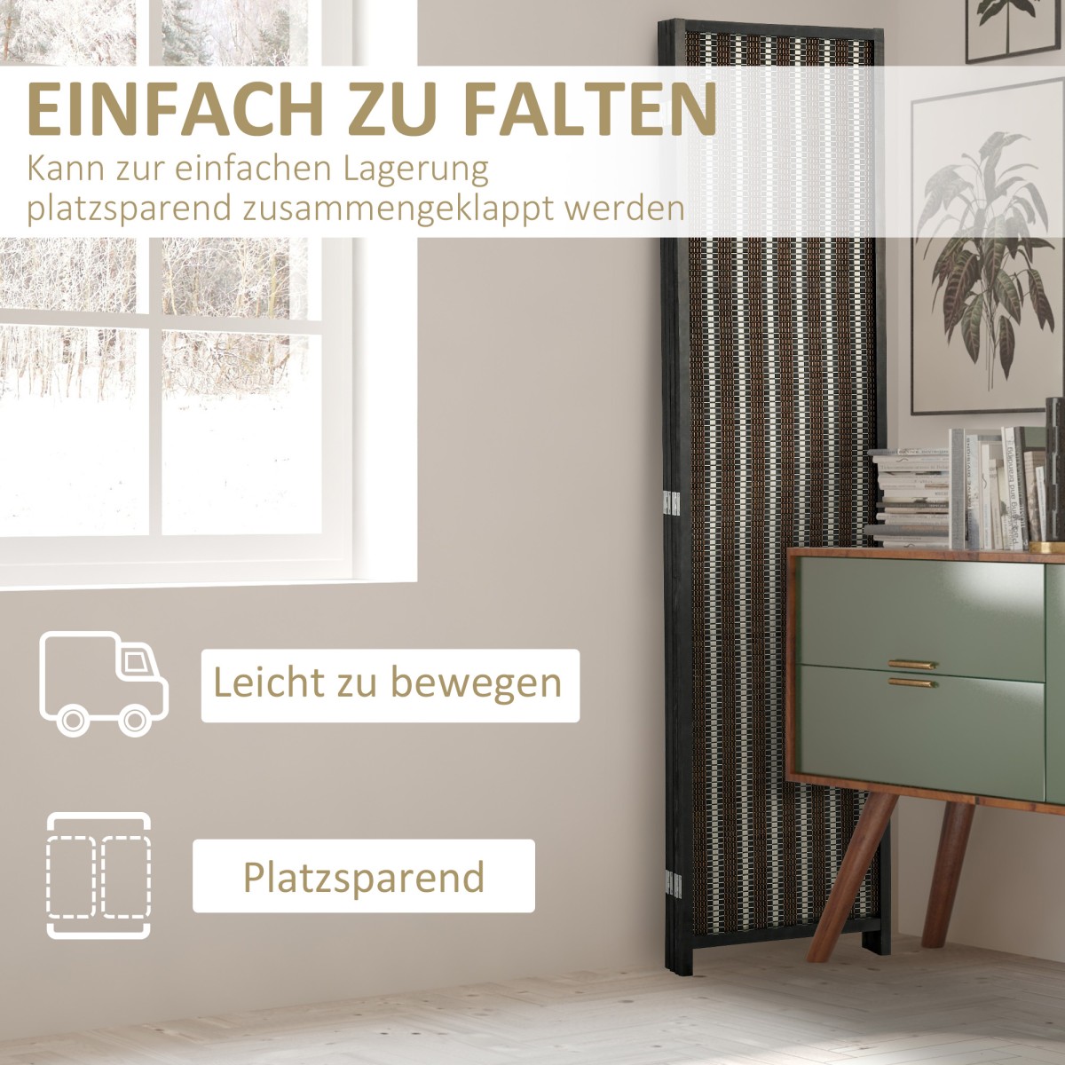 Πτυσσόμενο Διαχωριστικό Δωματίου Pine Bamboo 180 x 180 cm Καφέ Μαύρο