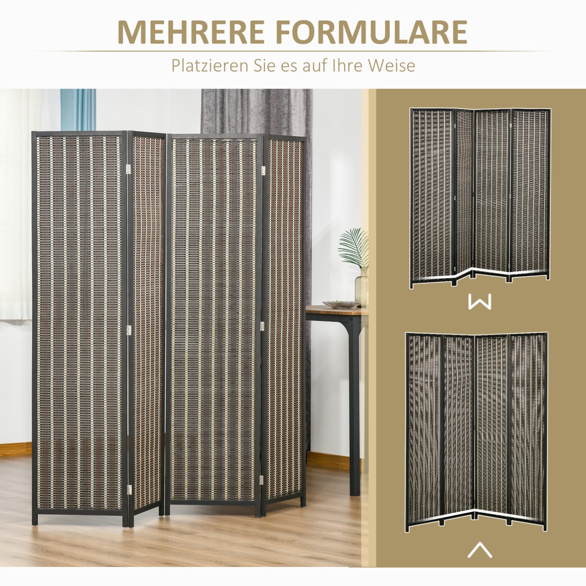 Πτυσσόμενο Διαχωριστικό Δωματίου Pine Bamboo 180 x 180 cm Καφέ Μαύρο