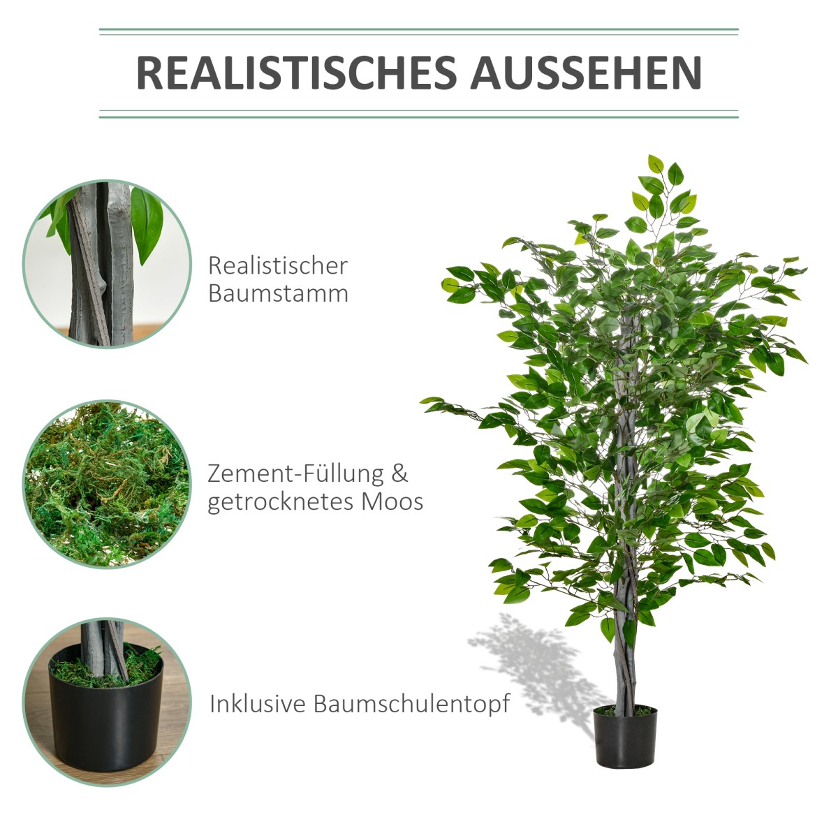 Τεχνητό δέντρο Ficus Τεχνητό φυτό Ρεαλιστική εμφάνιση Γλάστρα τσιμέντου 135cm Easy Care Πλαστικό Πράσινο