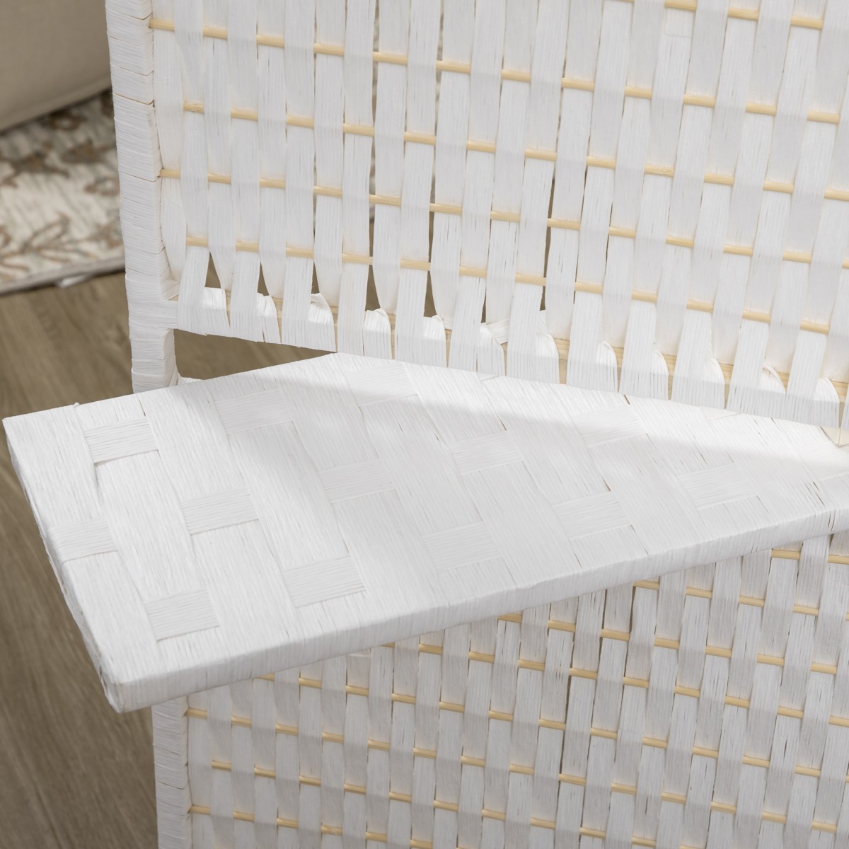 Οθόνη 4 τμημάτων 181 x 180 cm πτυσσόμενο διαχωριστικό δωματίου με 2 ράφια από ξύλο πεύκου, μπαμπού για κρεβατοκάμαρα, λευκό