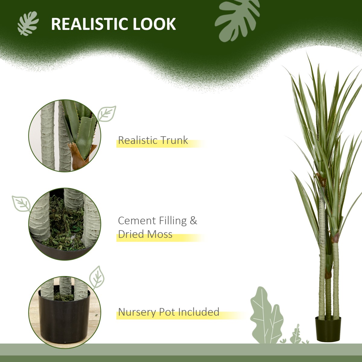 Τεχνητό Yucca μεγάλο τεχνητό φυτό 190 cm, πλαστικό τεχνητό φυτό σε γλάστρα, 17 x 17 x 190 cm σμαραγδένιο πράσινο