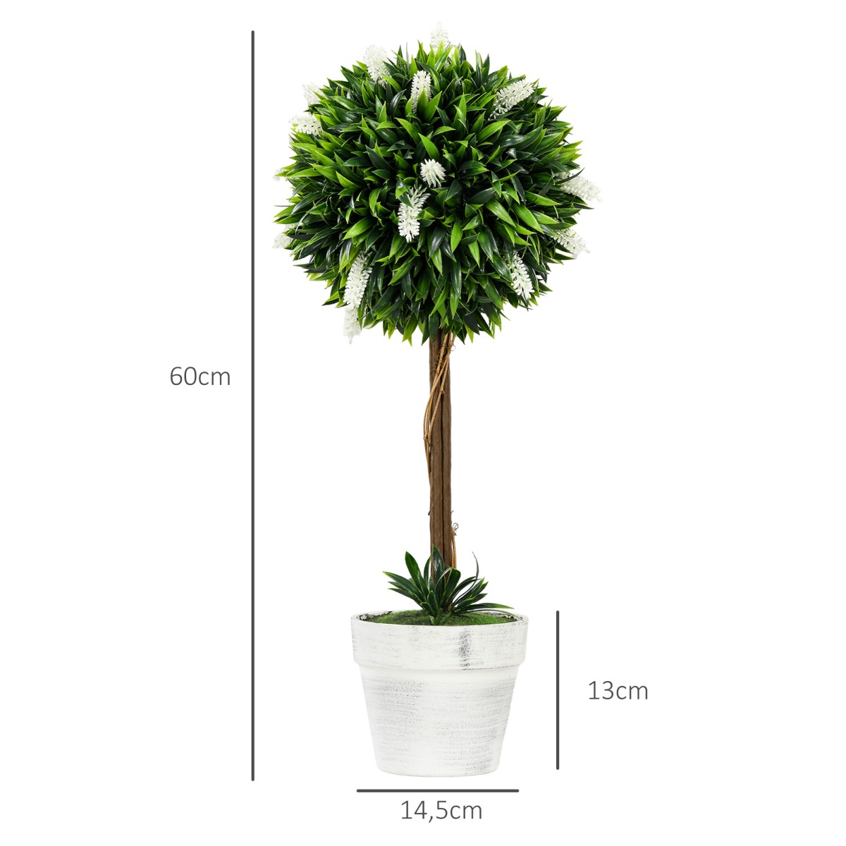 Σετ 2 τεχνητών λεβάντας, ύψους 60 cm, με γλάστρα και τεχνητά βρύα, λευκό
