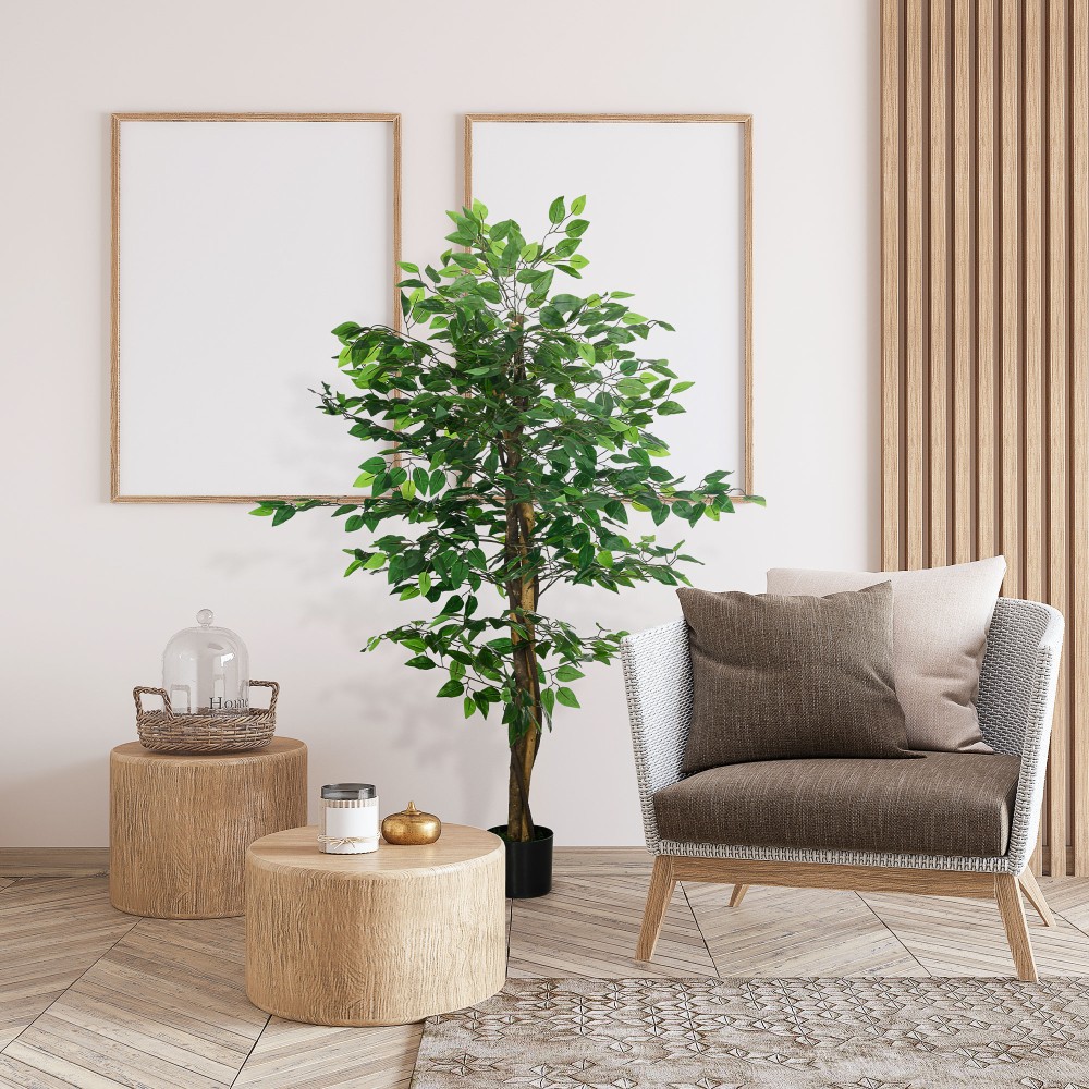 Τεχνητό φυτό δέντρο Ficus, ζωντανό, ύψους 150 cm, με γλάστρα, πράσινο