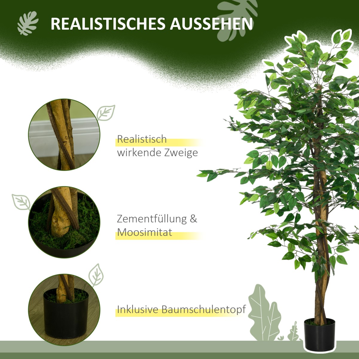 Τεχνητό φυτό δέντρο Ficus, ζωντανό, ύψους 150 cm, με γλάστρα, πράσινο