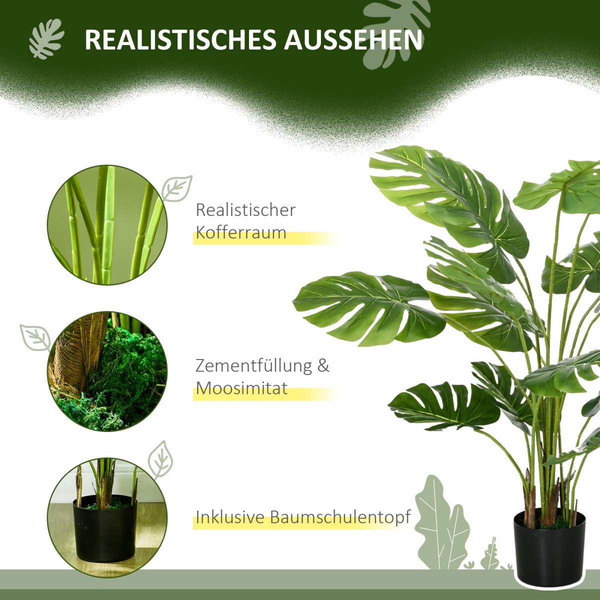 Τεχνητό φυτό Ρεαλιστικό τεχνητό φυτό Monstera Deliciosa, 1 ζαρντινιέρα και τσιμεντόχωμα, 17,5 cm x 17,5 cm x 120 cm, πράσινο