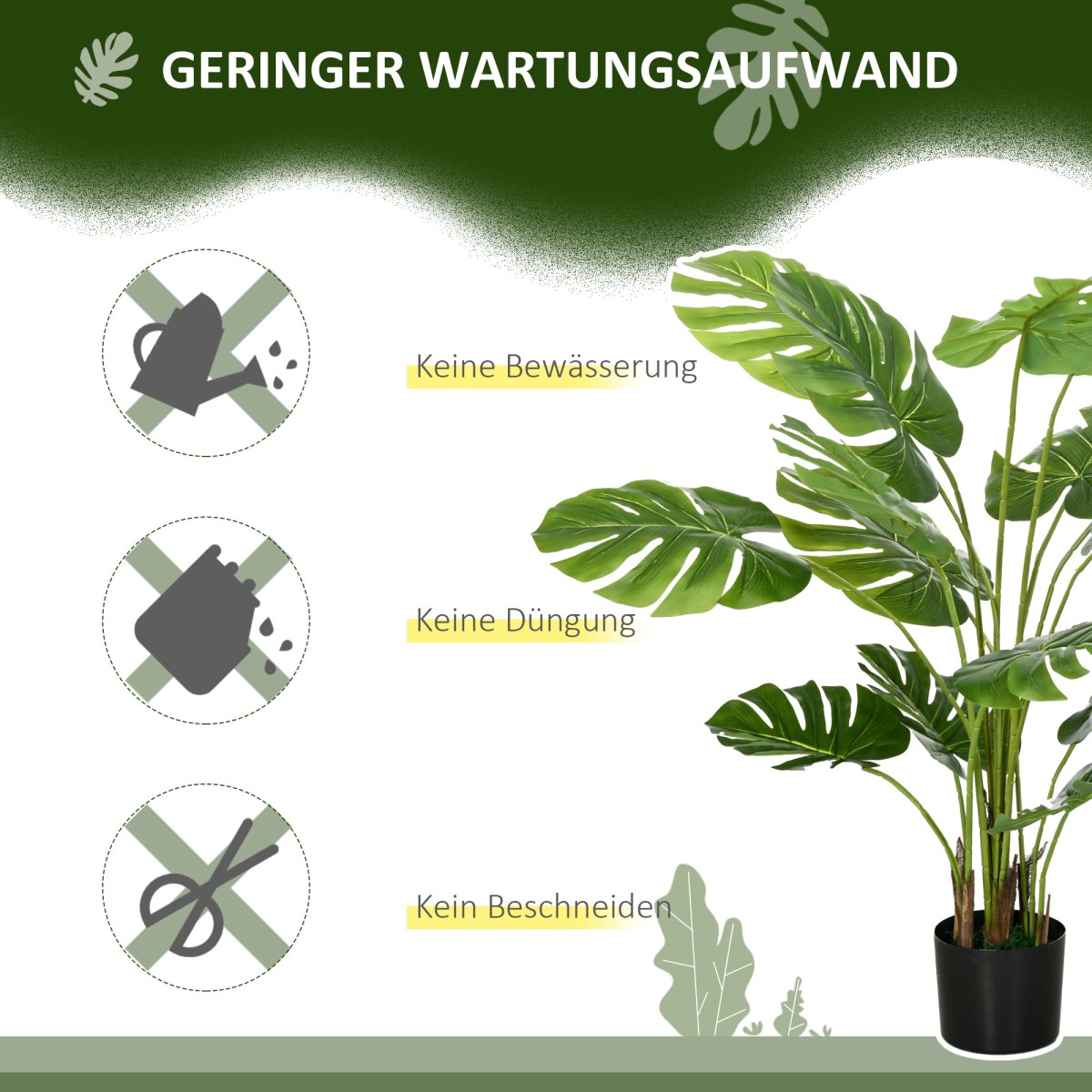 Τεχνητό φυτό Ρεαλιστικό τεχνητό φυτό Monstera Deliciosa, 1 ζαρντινιέρα και τσιμεντόχωμα, 17,5 cm x 17,5 cm x 120 cm, πράσινο