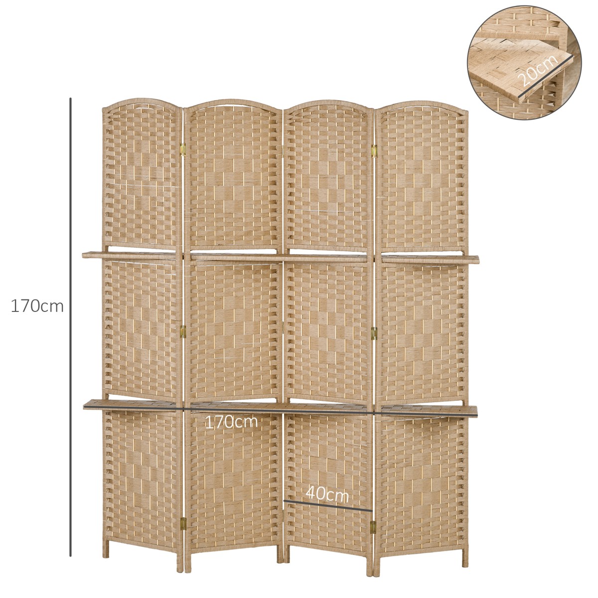 Σίτα 4 τεμαχίων 160 x 170cm Πτυσσόμενο διαχωριστικό με 2 ράφια φυσικό ξύλο