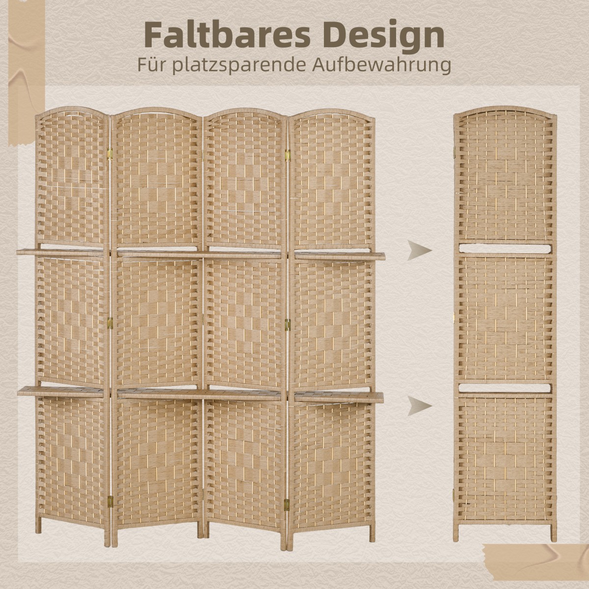 Σίτα 4 τεμαχίων 160 x 170cm Πτυσσόμενο διαχωριστικό με 2 ράφια φυσικό ξύλο