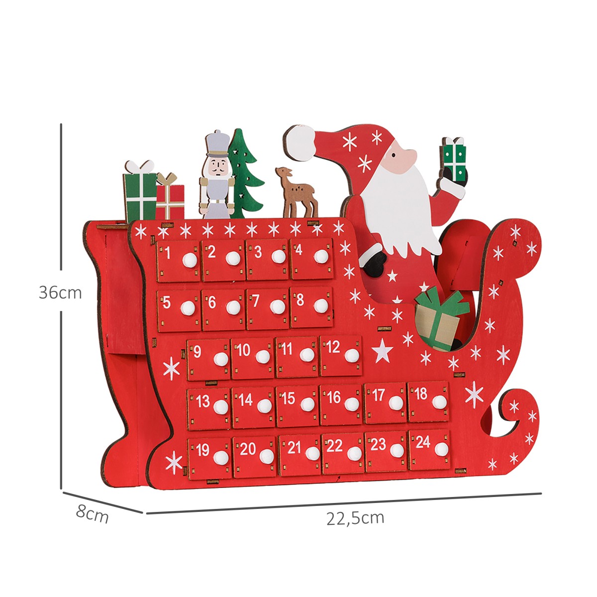 Ημερολόγιο Advent Santa Claus με έλκηθρο, 24 θήκες, επαναχρησιμοποιήσιμο, 22,5x8x36 cm, κόκκινο