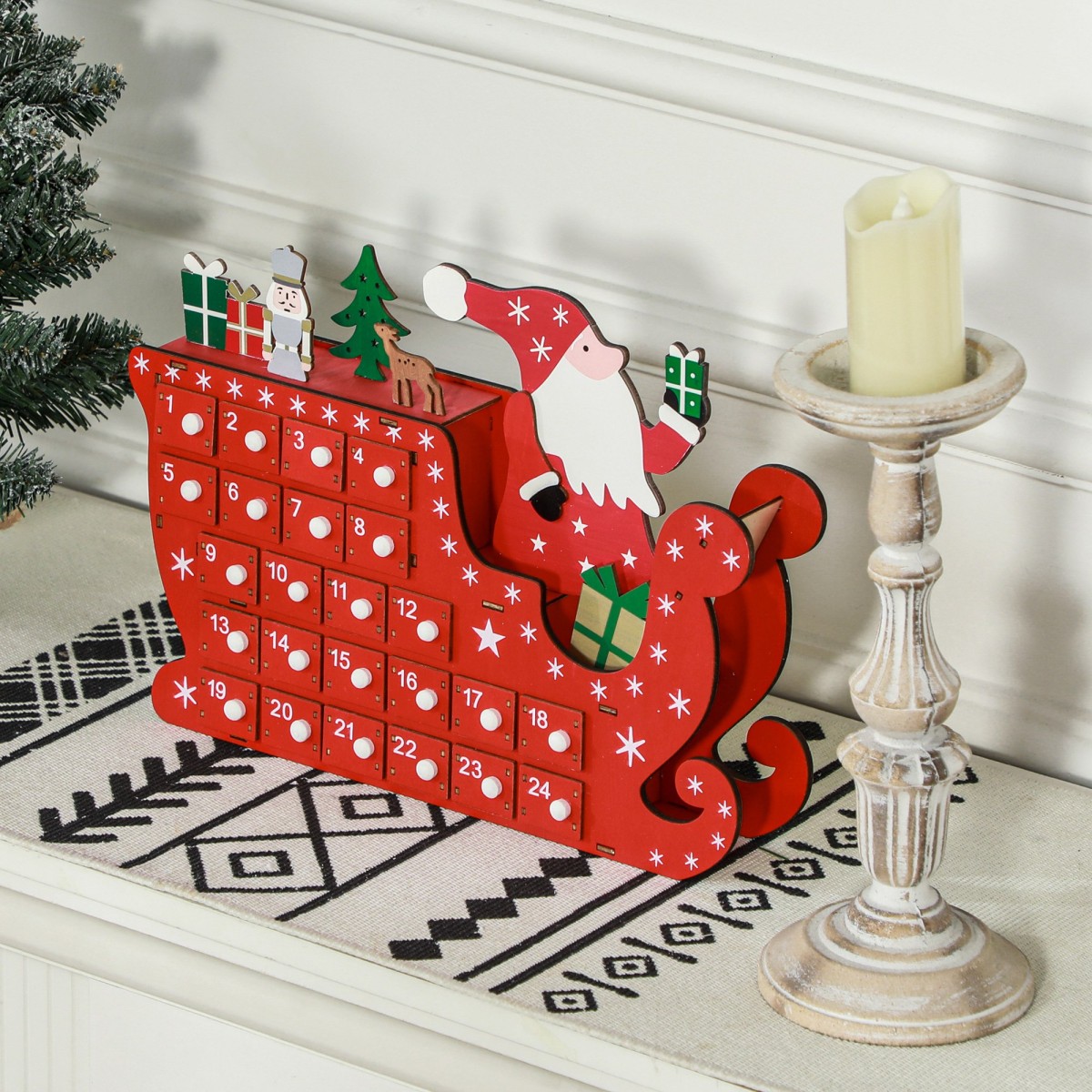 Ημερολόγιο Advent Santa Claus με έλκηθρο, 24 θήκες, επαναχρησιμοποιήσιμο, 22,5x8x36 cm, κόκκινο