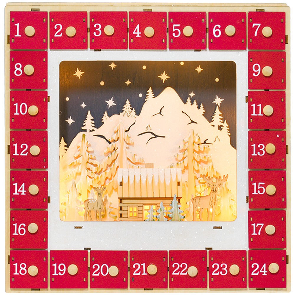 Ημερολόγιο LED Advent με σκηνή του χωριού, 24 μεγάλα συρτάρια, MDF, 34 x 7 x 34 cm, κόκκινο