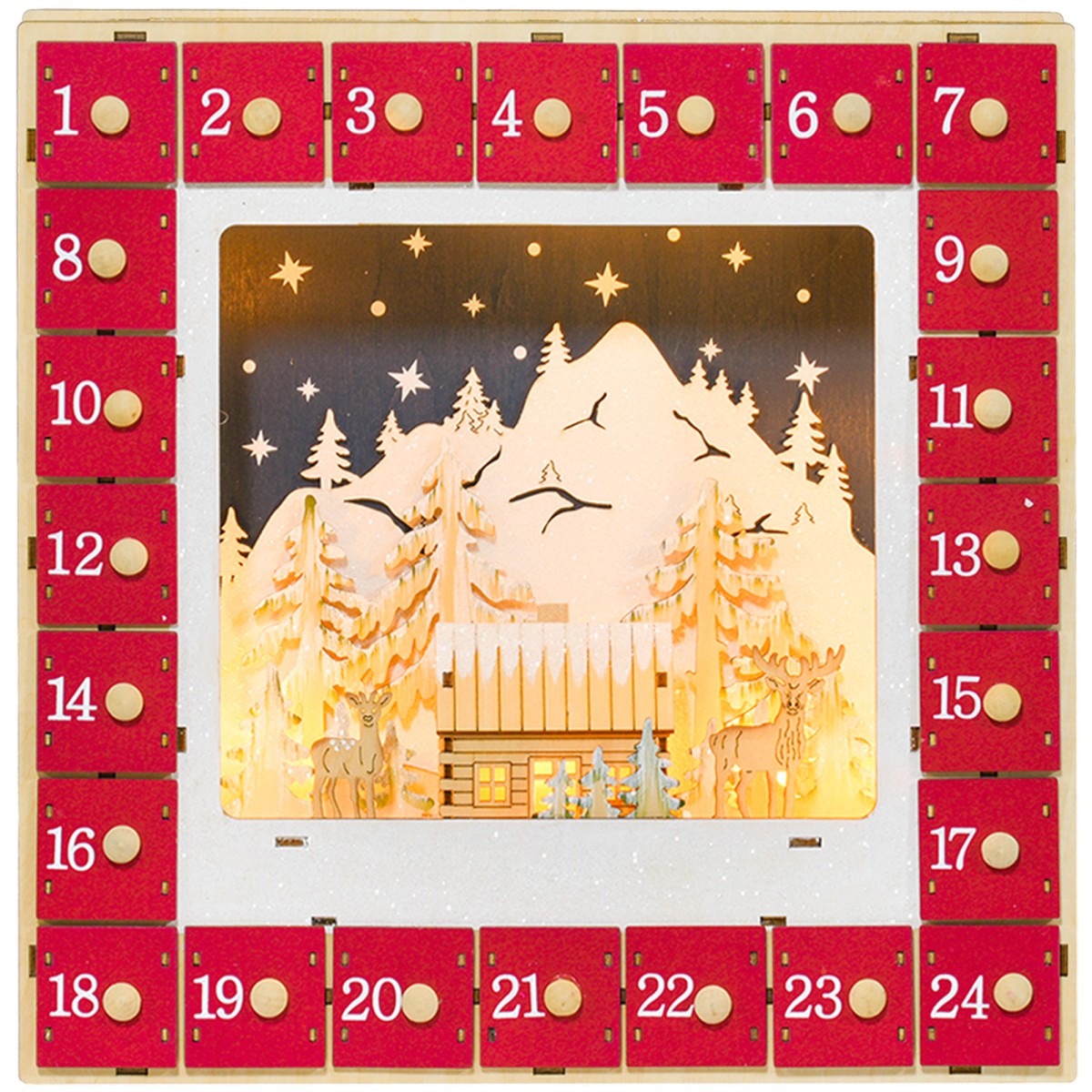 Ημερολόγιο LED Advent με σκηνή του χωριού, 24 μεγάλα συρτάρια, MDF, 34 x 7 x 34 cm, κόκκινο