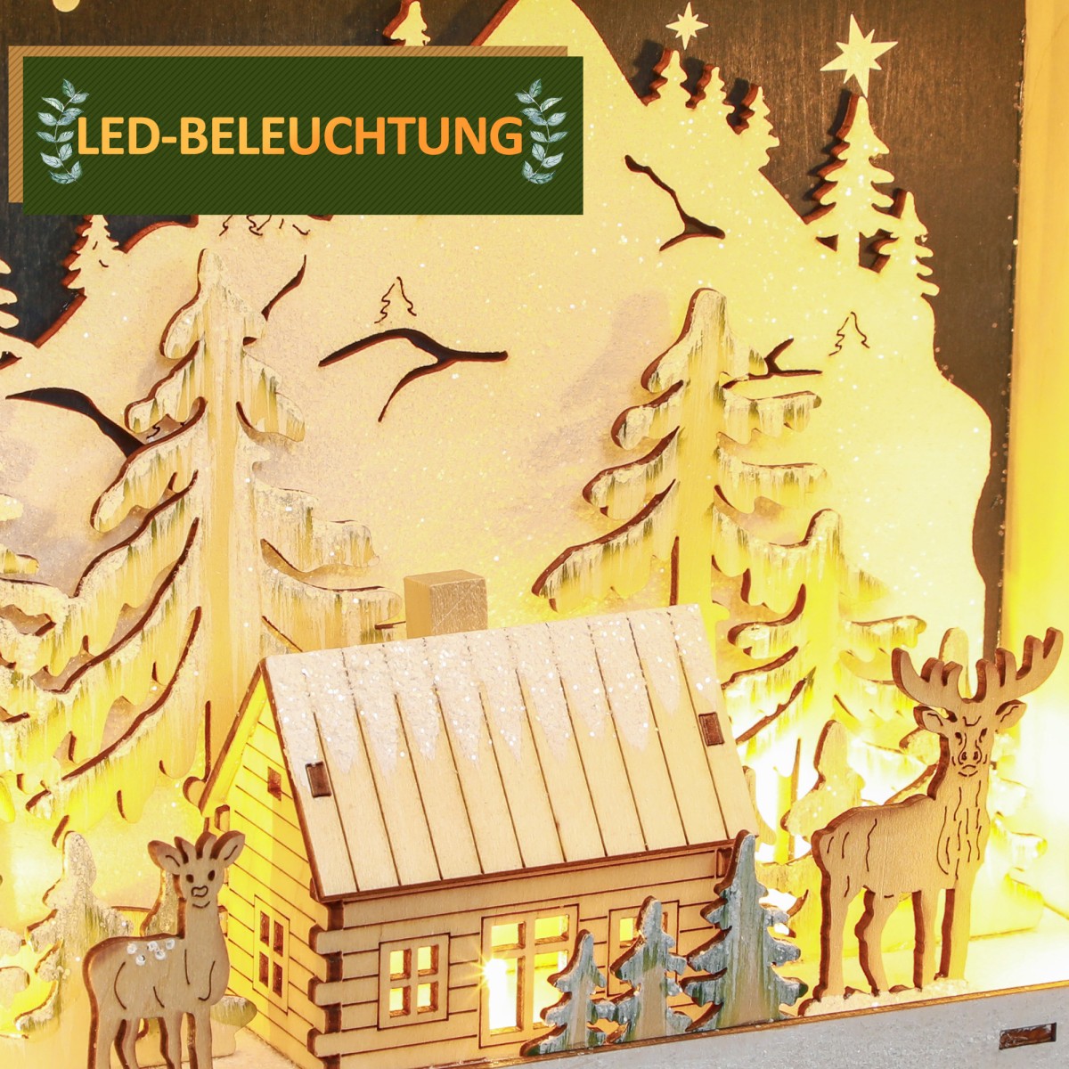 Ημερολόγιο LED Advent με σκηνή του χωριού, 24 μεγάλα συρτάρια, MDF, 34 x 7 x 34 cm, κόκκινο