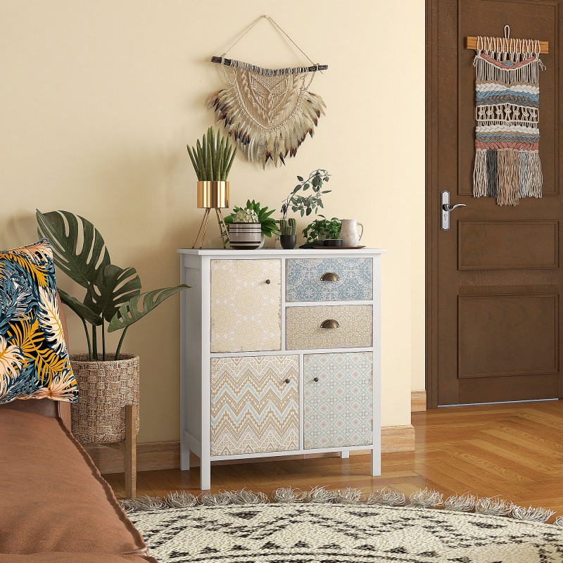 Μπουφές, shabby chic συρταριέρα, 2 συρτάρια, 3 θήκες για ντουλάπια, ξύλο πεύκου, 68x34x80cm, λευκό