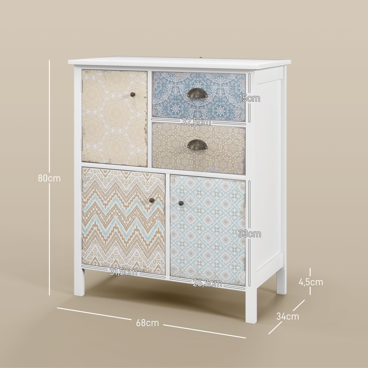 Μπουφές, shabby chic συρταριέρα, 2 συρτάρια, 3 θήκες για ντουλάπια, ξύλο πεύκου, 68x34x80cm, λευκό