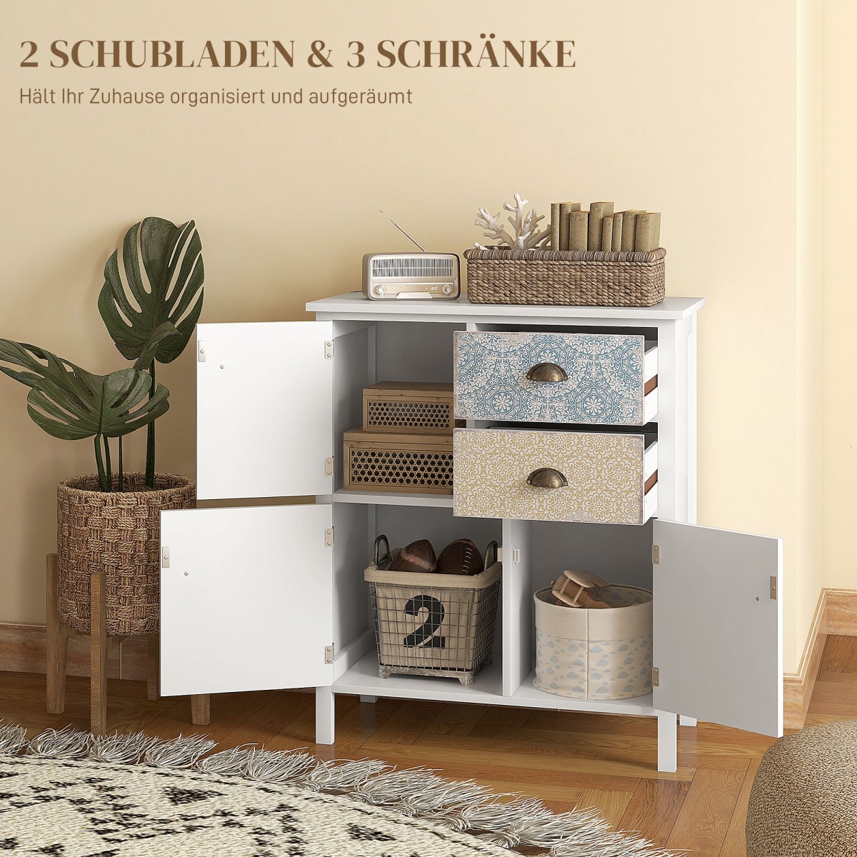 Μπουφές, shabby chic συρταριέρα, 2 συρτάρια, 3 θήκες για ντουλάπια, ξύλο πεύκου, 68x34x80cm, λευκό