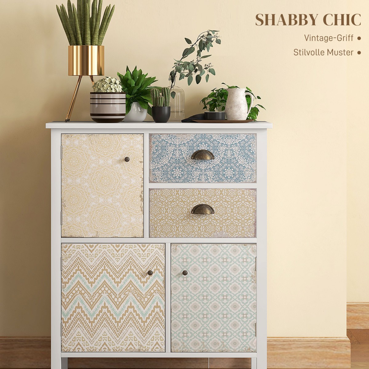 Μπουφές, shabby chic συρταριέρα, 2 συρτάρια, 3 θήκες για ντουλάπια, ξύλο πεύκου, 68x34x80cm, λευκό
