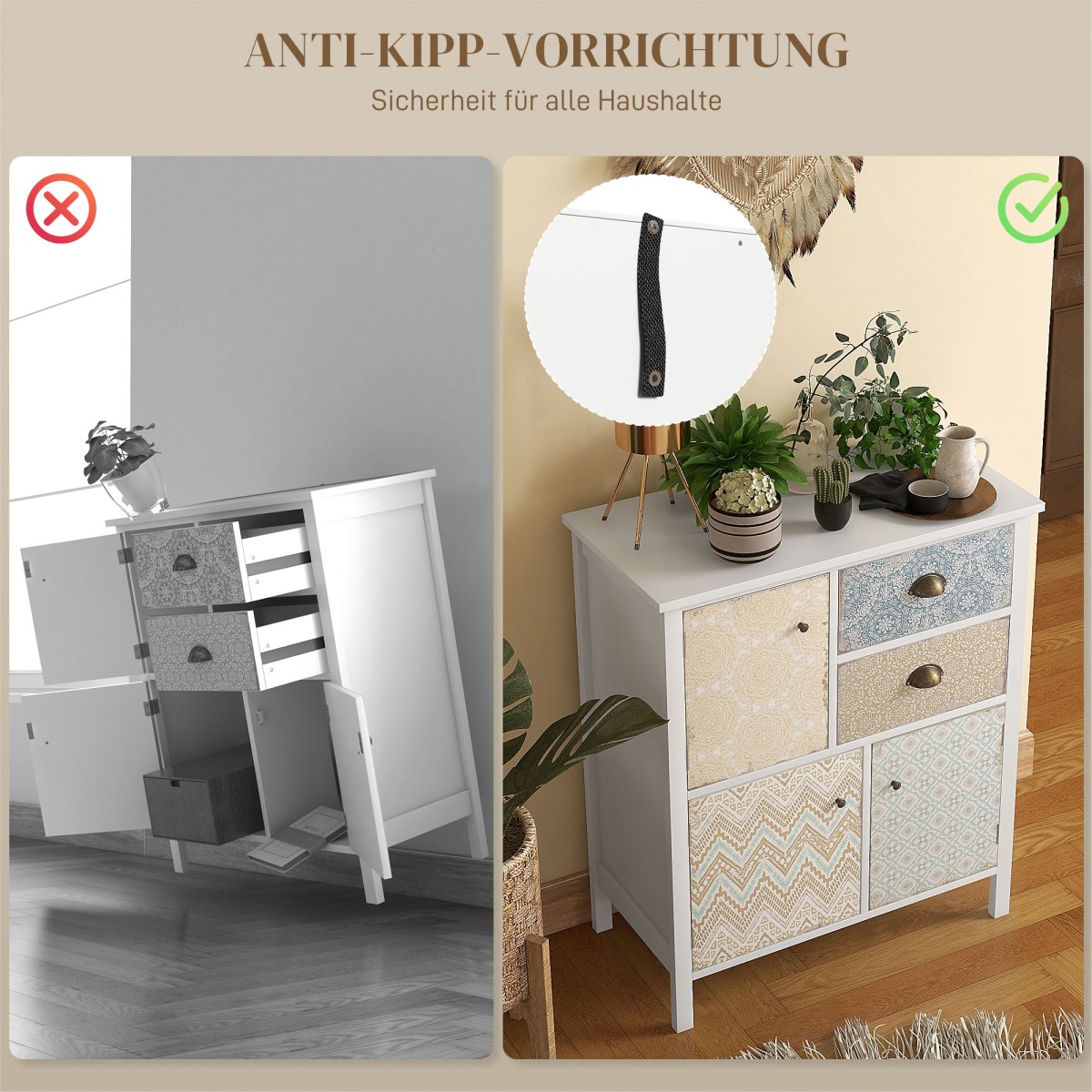 Μπουφές, shabby chic συρταριέρα, 2 συρτάρια, 3 θήκες για ντουλάπια, ξύλο πεύκου, 68x34x80cm, λευκό