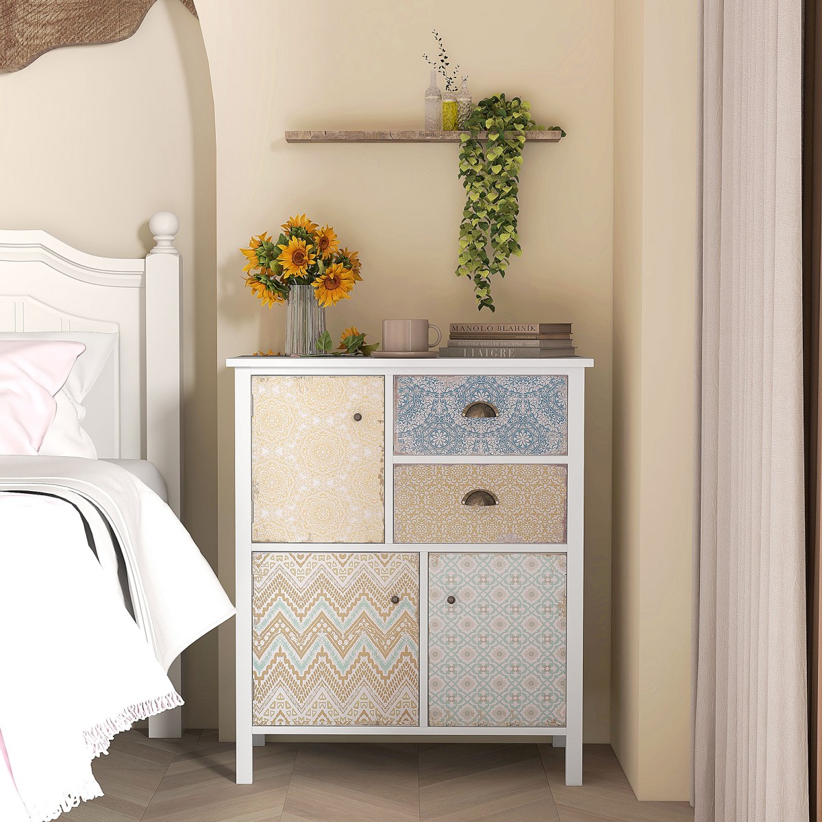 Μπουφές, shabby chic συρταριέρα, 2 συρτάρια, 3 θήκες για ντουλάπια, ξύλο πεύκου, 68x34x80cm, λευκό